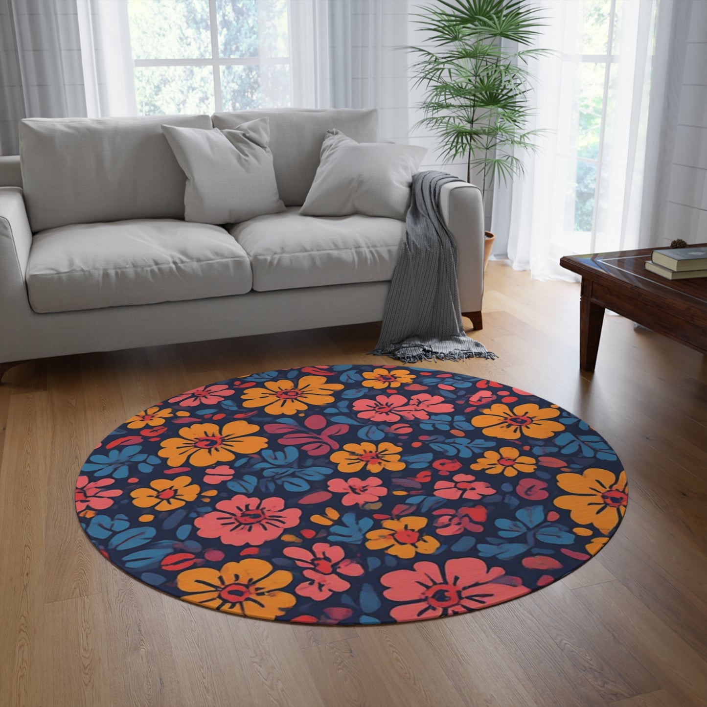 Retro Flower Pattern 60's/70's Style Area Rug - 60in Diameter Round Rug 3
