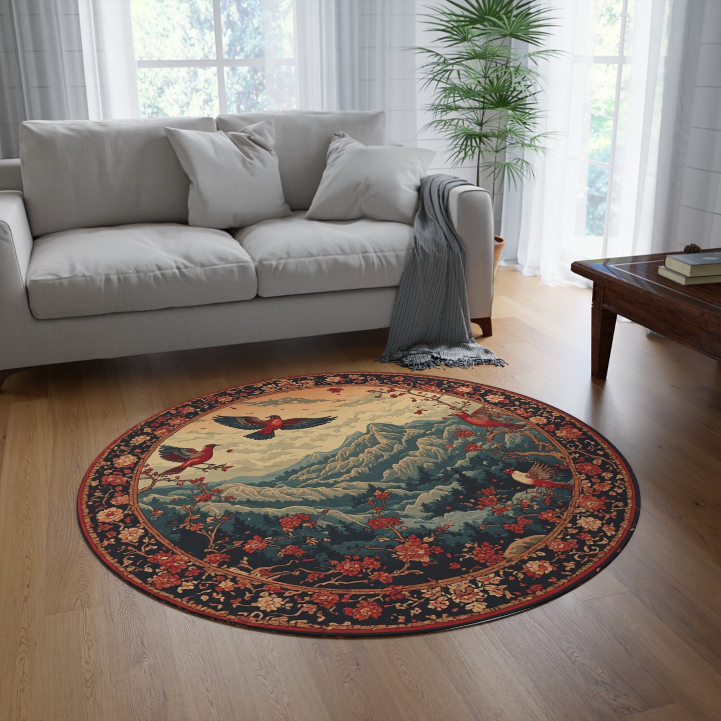 Oriental Style Rug w/Birds + Flowers - 60in Diameter Round Carpet 5