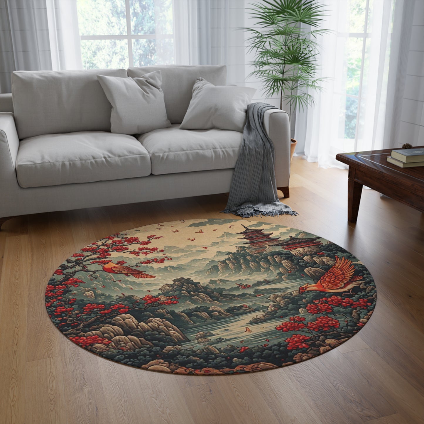 Oriental Style Rug w/Birds + Flowers - 60in Diameter Round Carpet 10