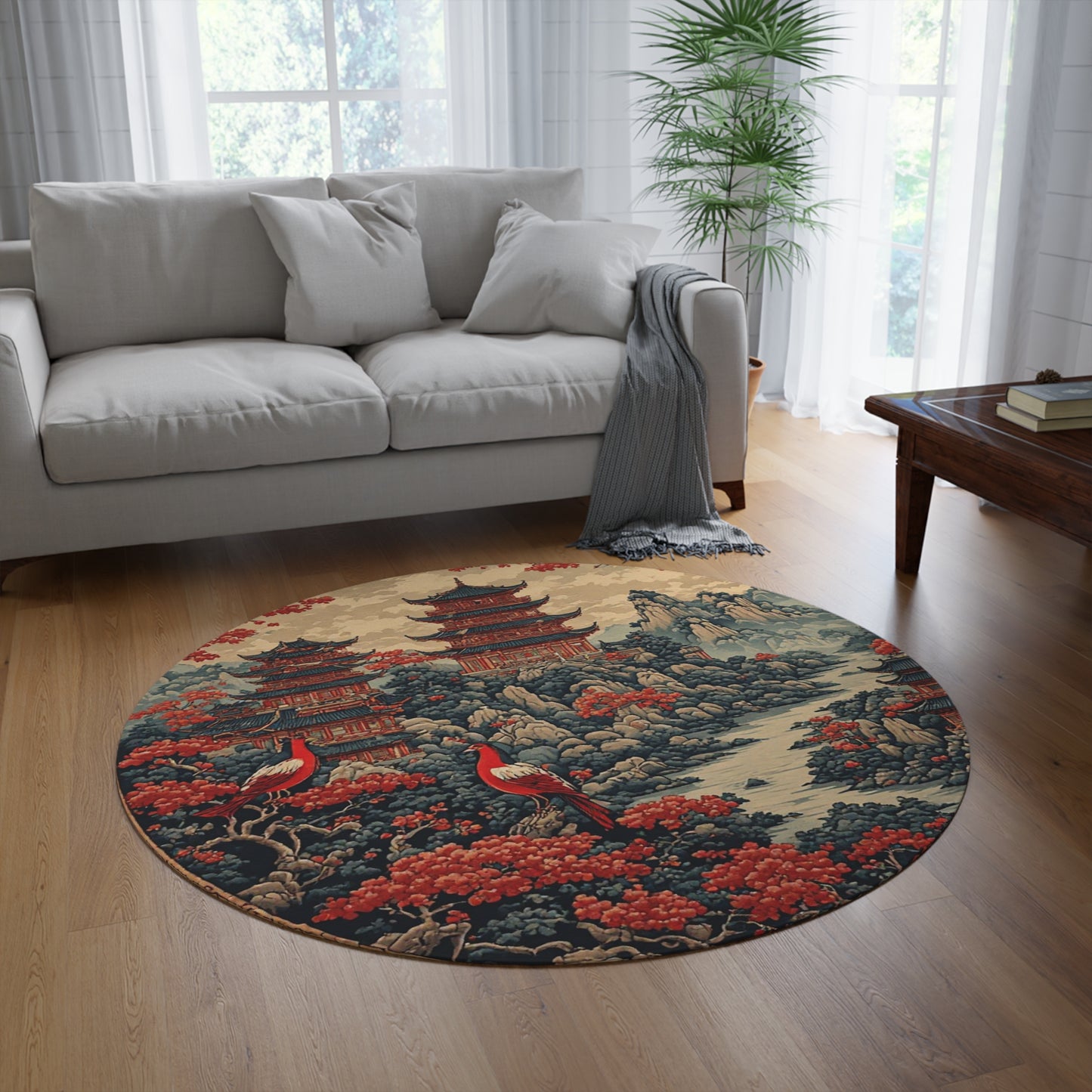 Oriental Style Rug w/Birds + Flowers - 60in Diameter Round Carpet 12