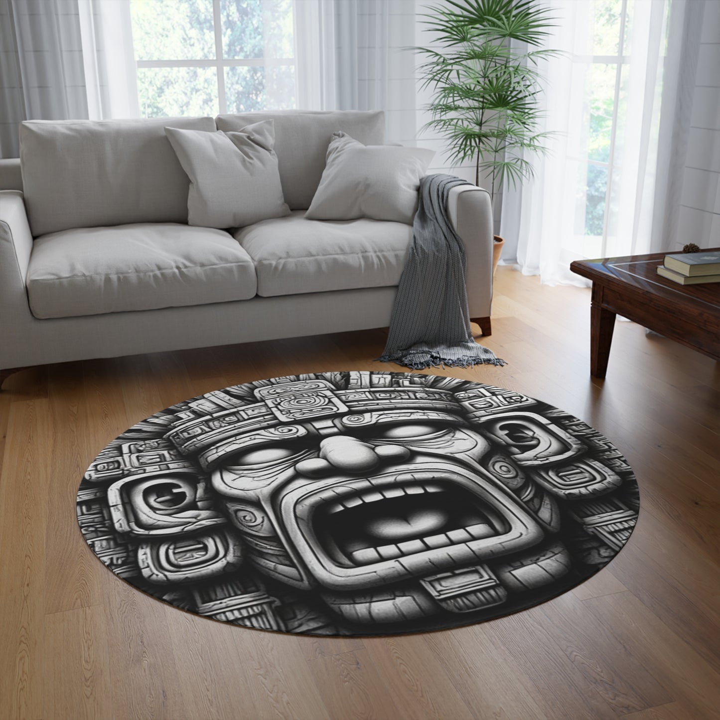 Aztec/Mayan Style Face Area Rug - 60in Diameter Round Rug