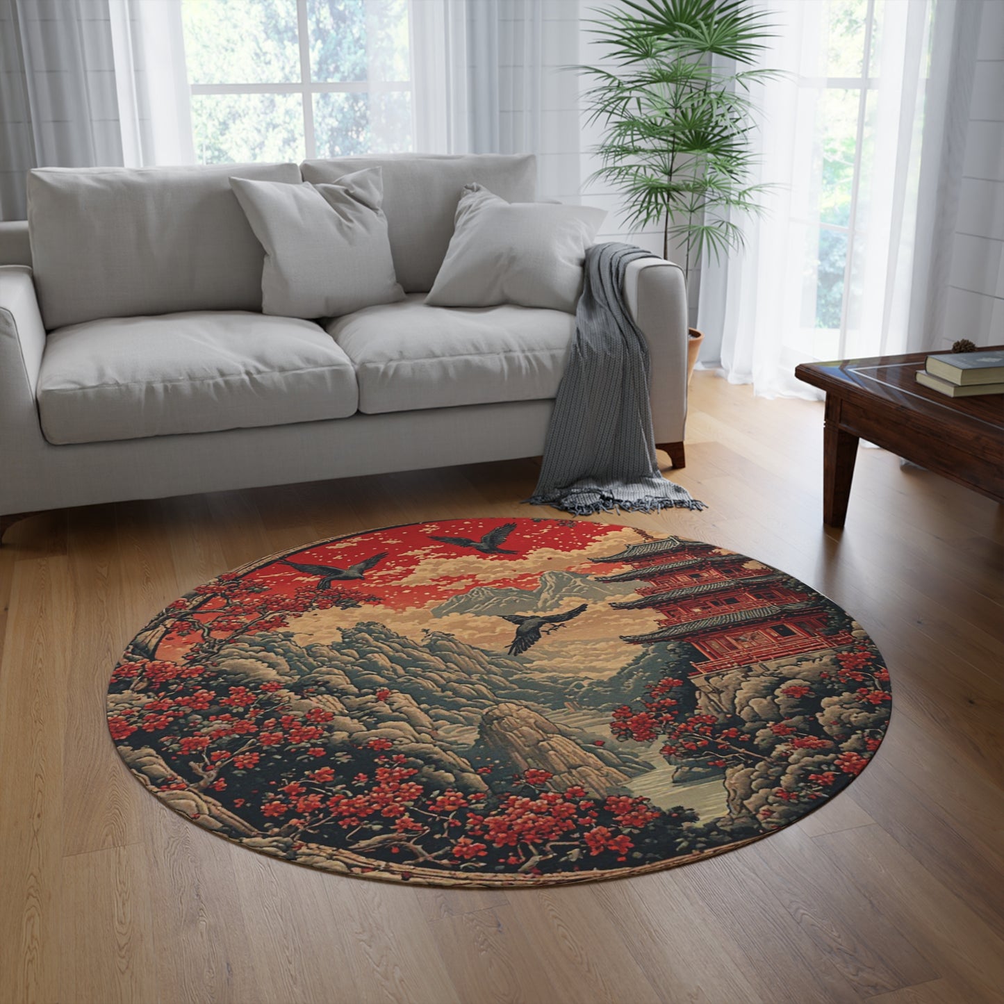 Oriental Style Rug w/Birds + Flowers - 60in Diameter Round Carpet 9