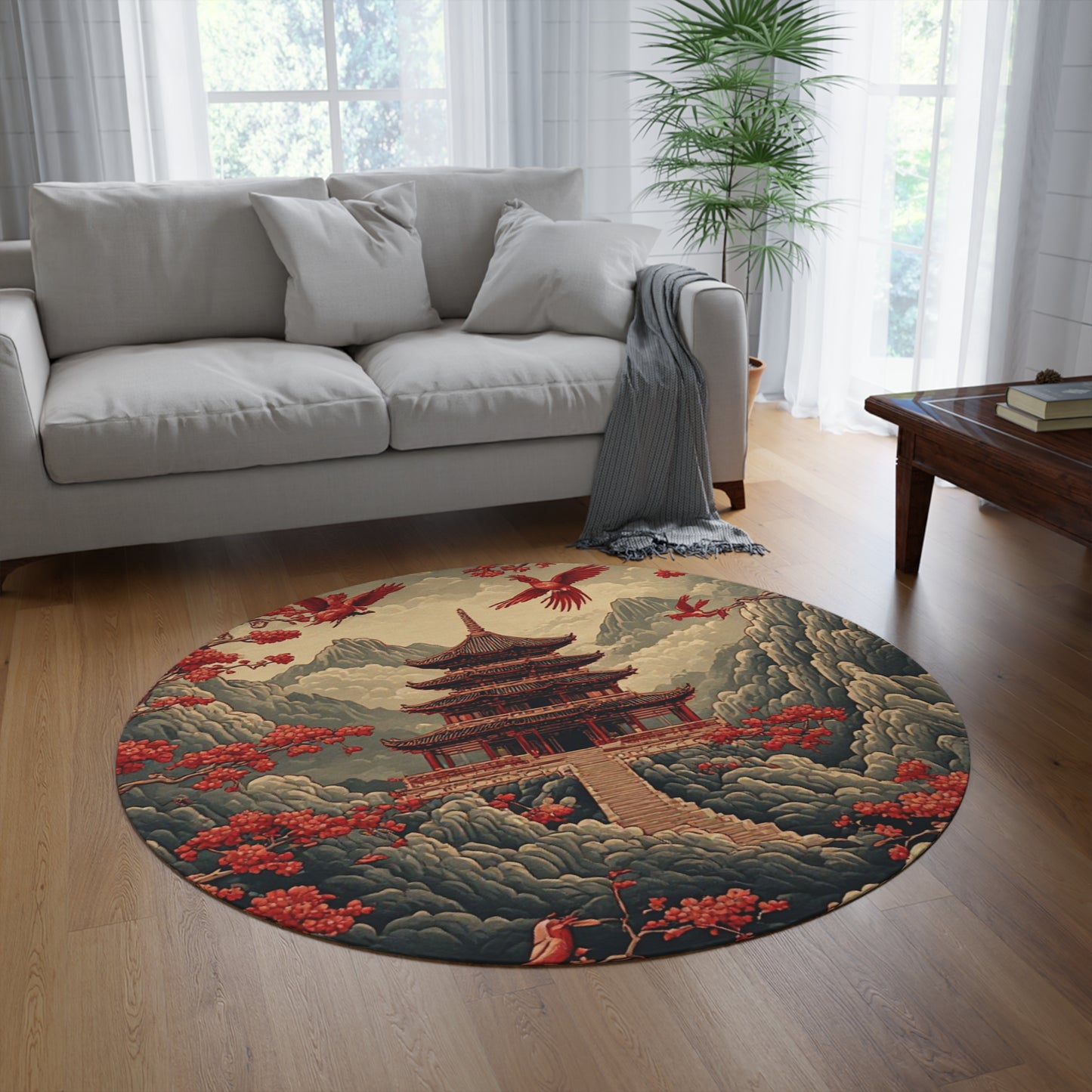 Oriental Style Rug w/Birds + Flowers - 60in Diameter Round Carpet 8