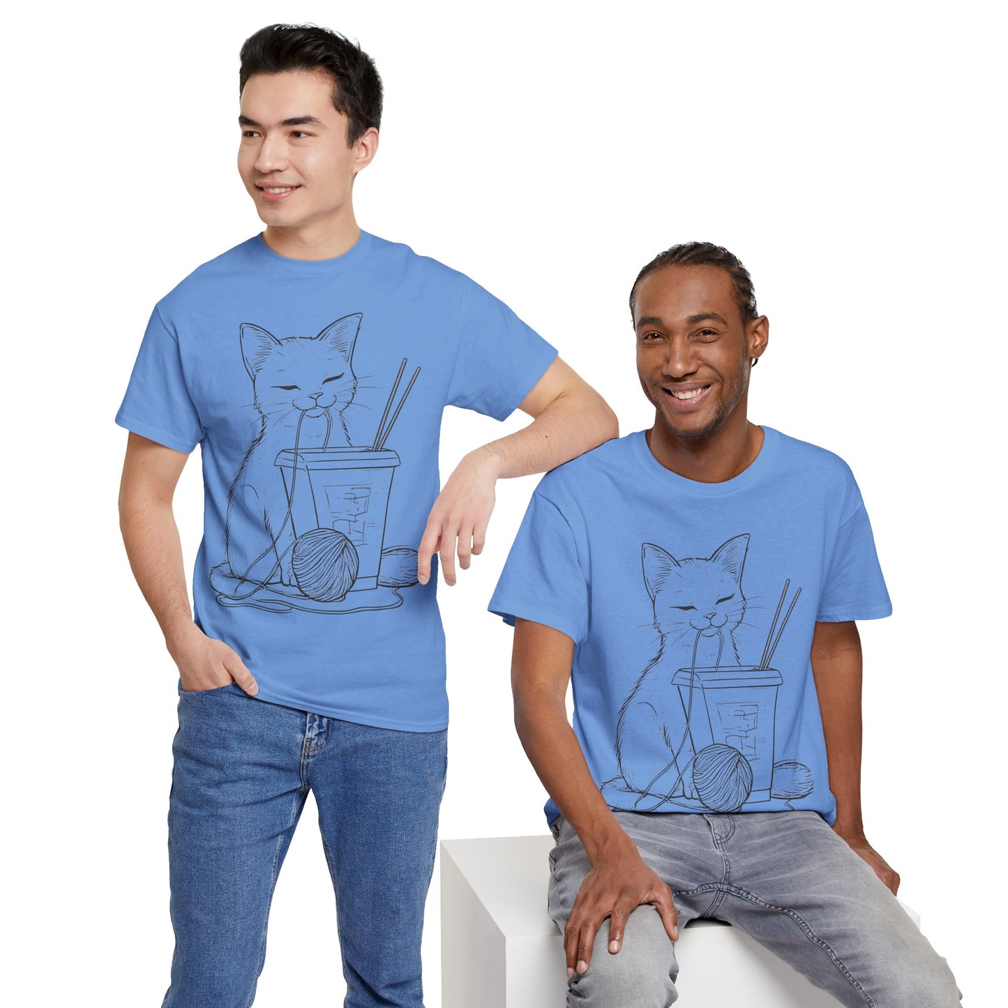 Cat w/Takeout + Yarn Ball Line Drawing Tee Shirt *Multiple Colors*