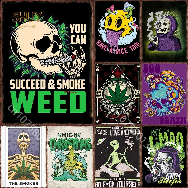 Alien Smoking Metal Signs Vintage Weed Posters Club Bar Wall Art Retro Decor 2