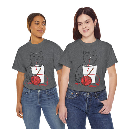 Cat w/Noodle Cup + Yarn Ball Art Drawing Tee Shirt