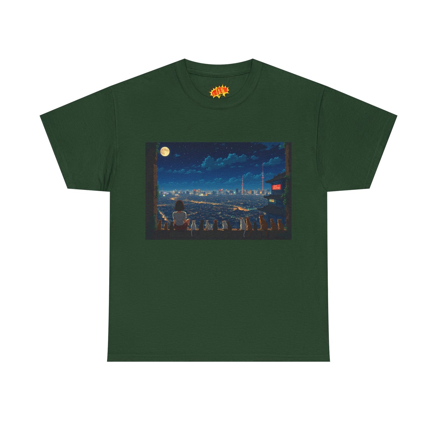 Anime City Night Sky Scene w/Girl & Cats T-Shirt *Multiple Colors*