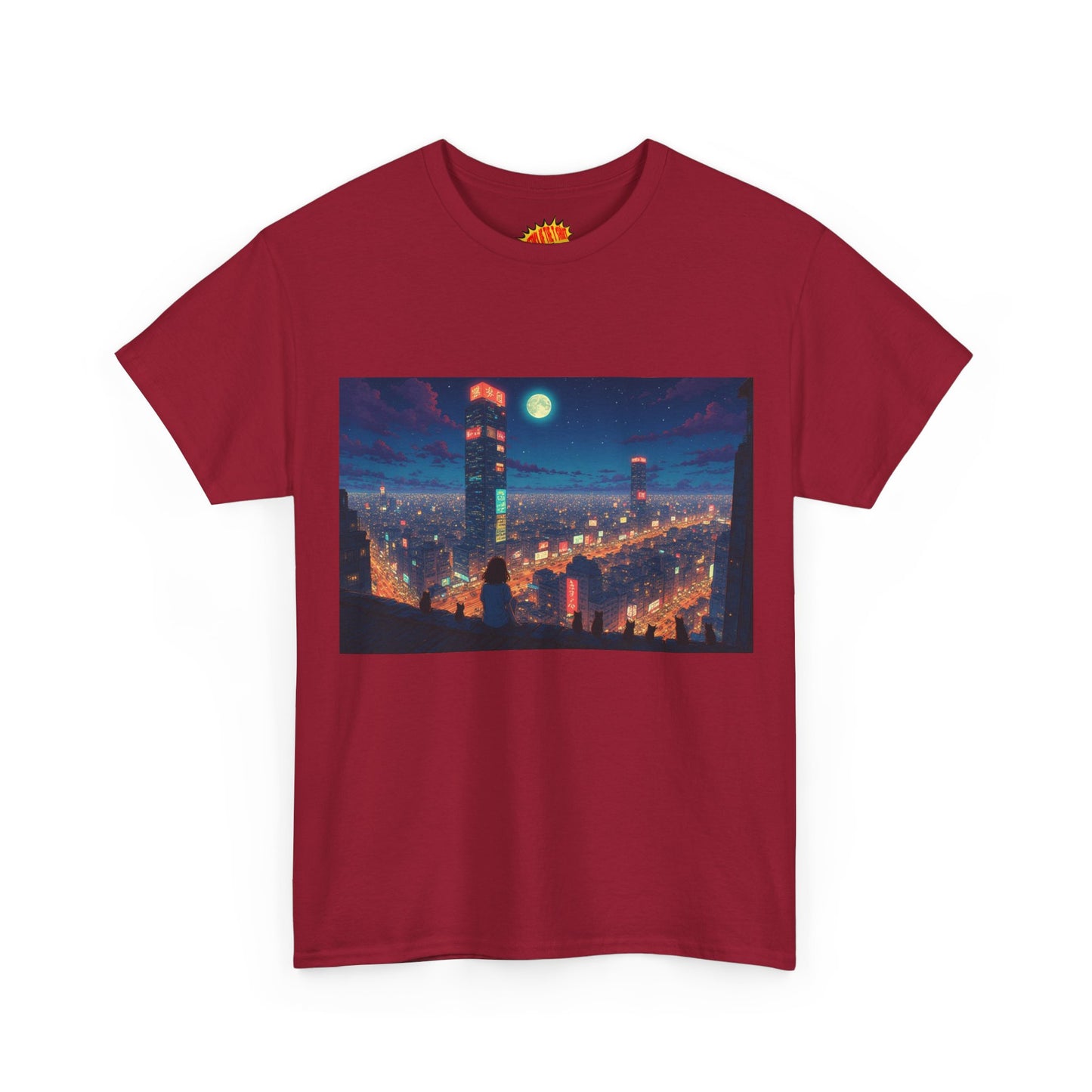 Neon Anime Style City Scene w/Girl & Cats T-Shirt *Multiple Colors*
