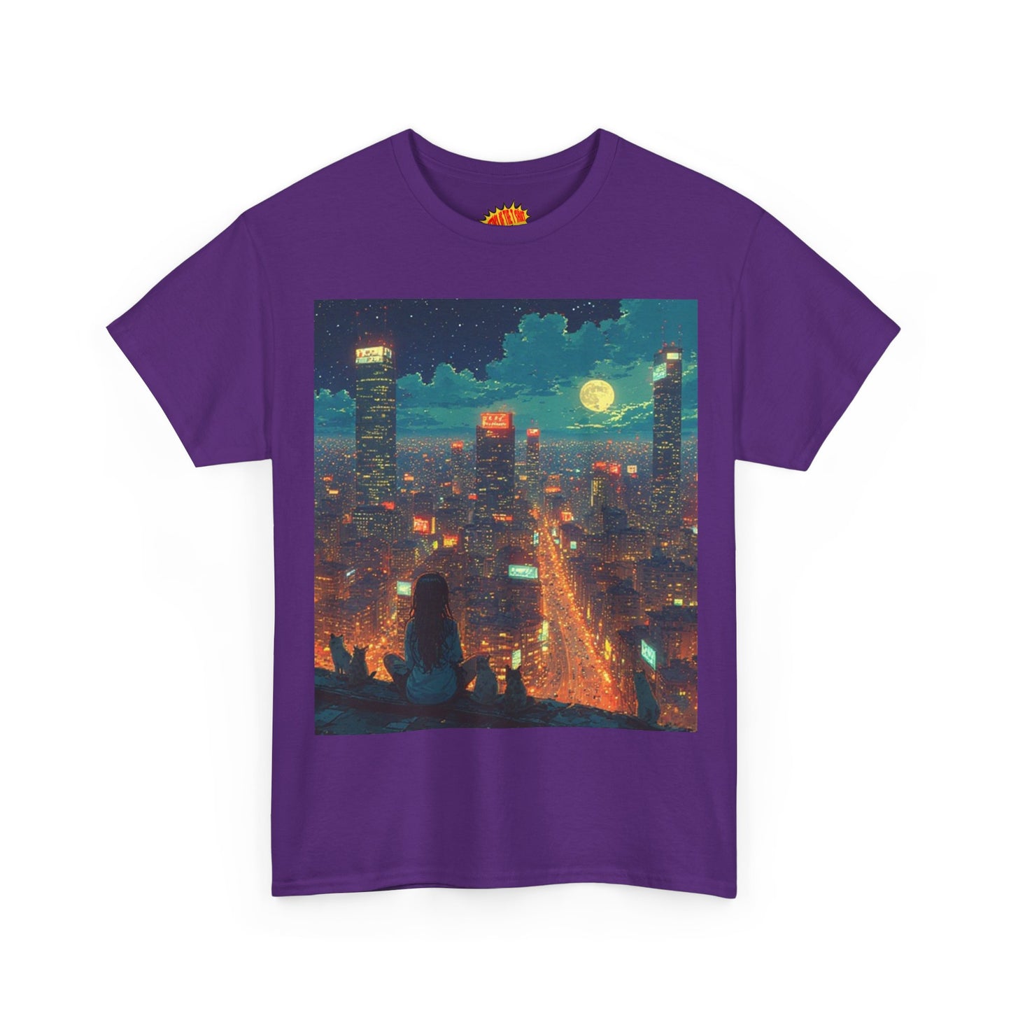 Nighttime Neon Anime Cityscape w/Girl & Cats T-Shirt *Multiple Colors*