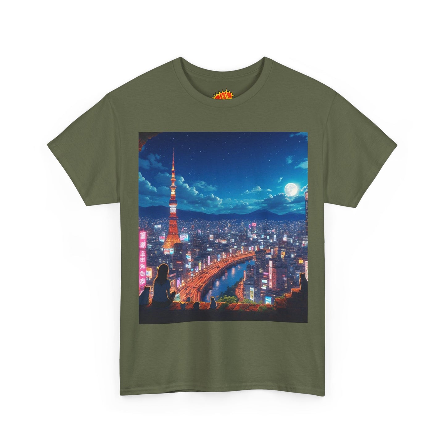 Neon Cityscape Nighttime Anime Scene w/Girl & Cats T-Shirt *Multiple Colors*