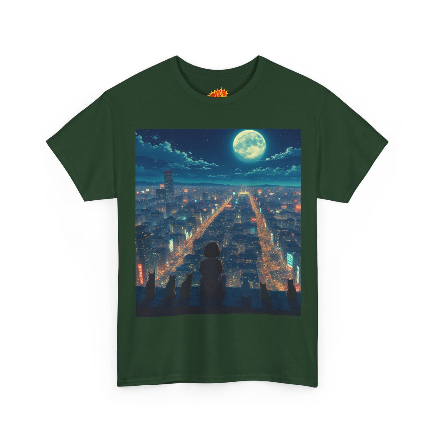 Anime City Full Moon Scene w/Girl & Cats T-Shirt *Multiple Colors*