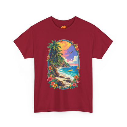 Tropical Beach Scene w/Oval Floral Frame T-Shirt