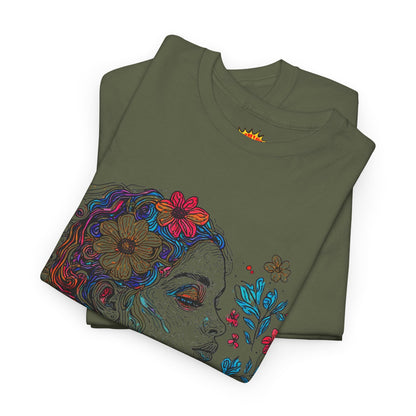 Multicolor Line Drawing Human Graphic Flower Art Tee Shirt
