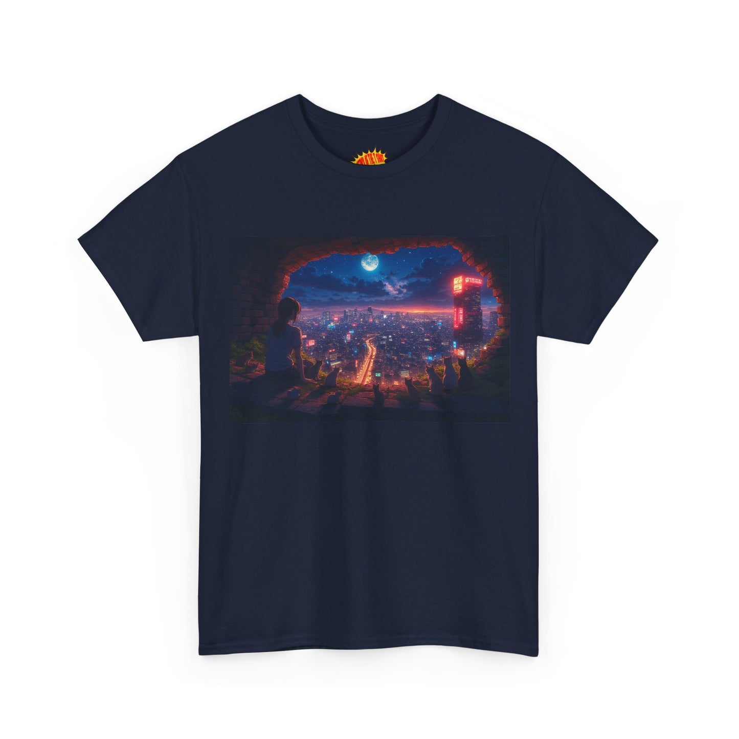 Anime Neon Cityscape Nighttime Scene w/Girl & Cats T-Shirt *Multiple Colors*