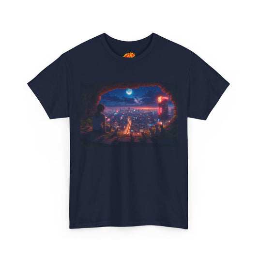 Anime Neon Cityscape Nighttime Scene w/Girl & Cats T-Shirt *Multiple Colors*