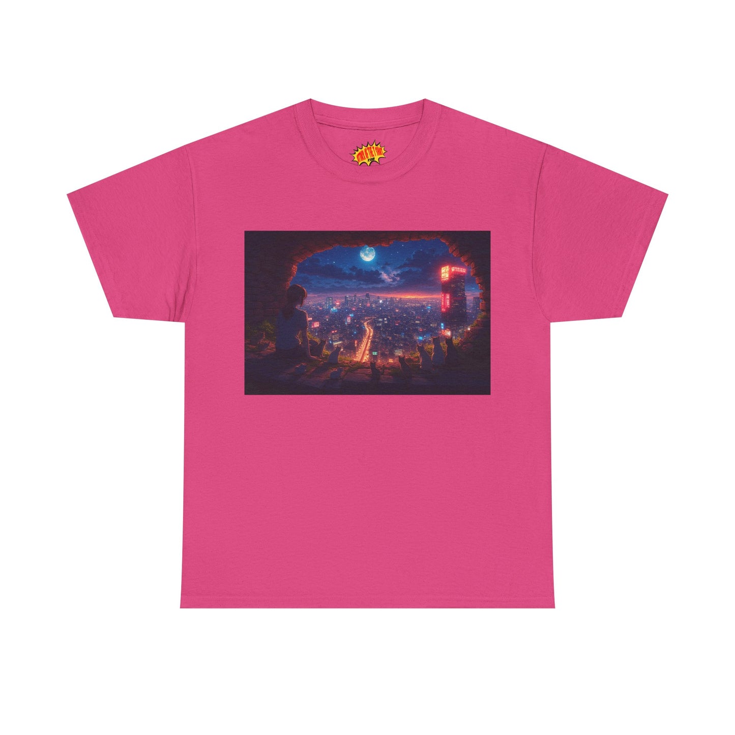 Anime Neon Cityscape Nighttime Scene w/Girl & Cats T-Shirt *Multiple Colors*