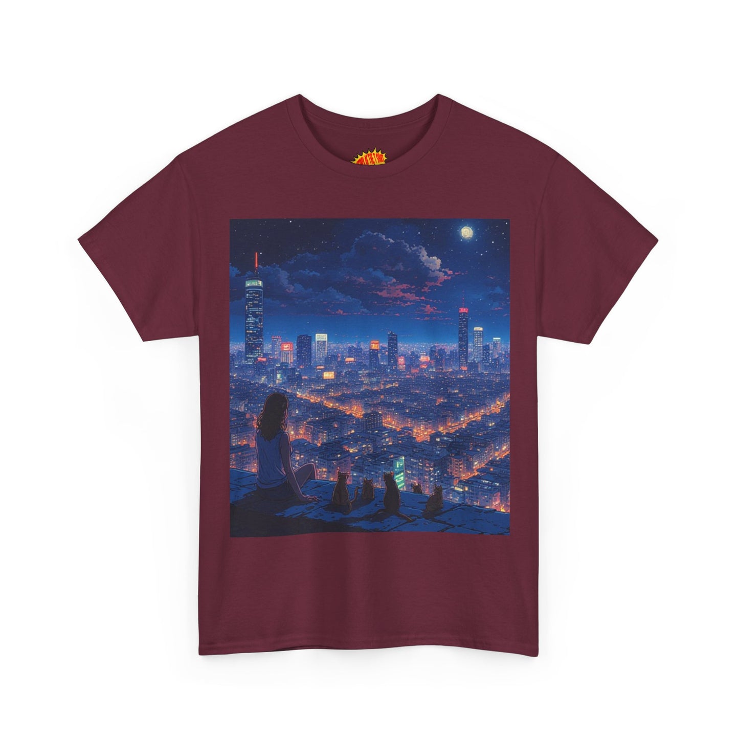 Neon Anime Cityscape Scene w/Girl & Cats T-Shirt *Multiple Colors*