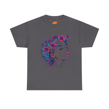 Multicolor Line Drawing Human Flower Graphic Art Tee Shirt
