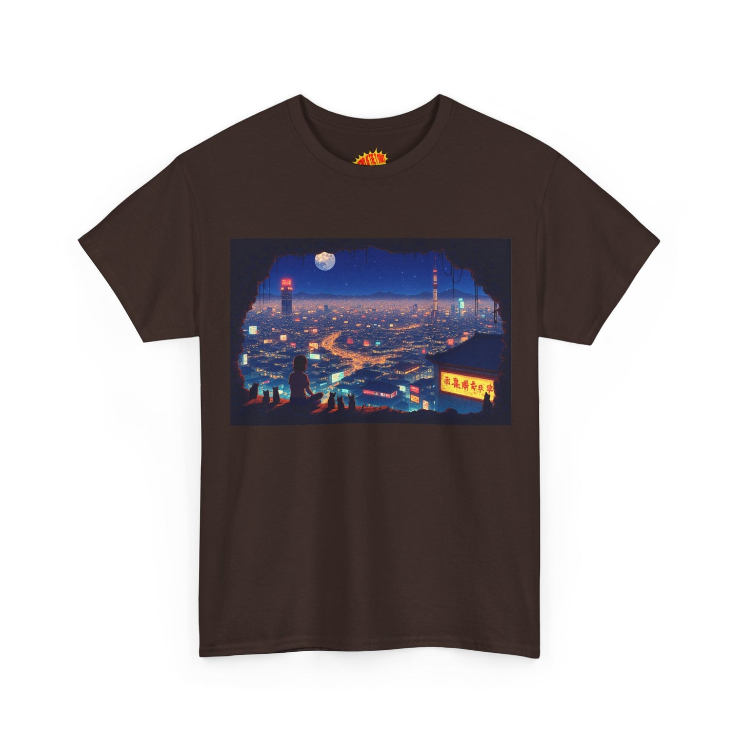 Anime Neon Cityscape Scene w/Girl & Cats T-Shirt *Multiple Colors*