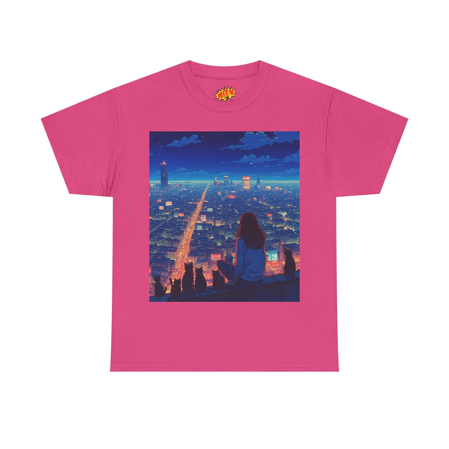 Anime Cityscape Night Sky Scene w/Girl & Cats T-Shirt *Multiple Colors*