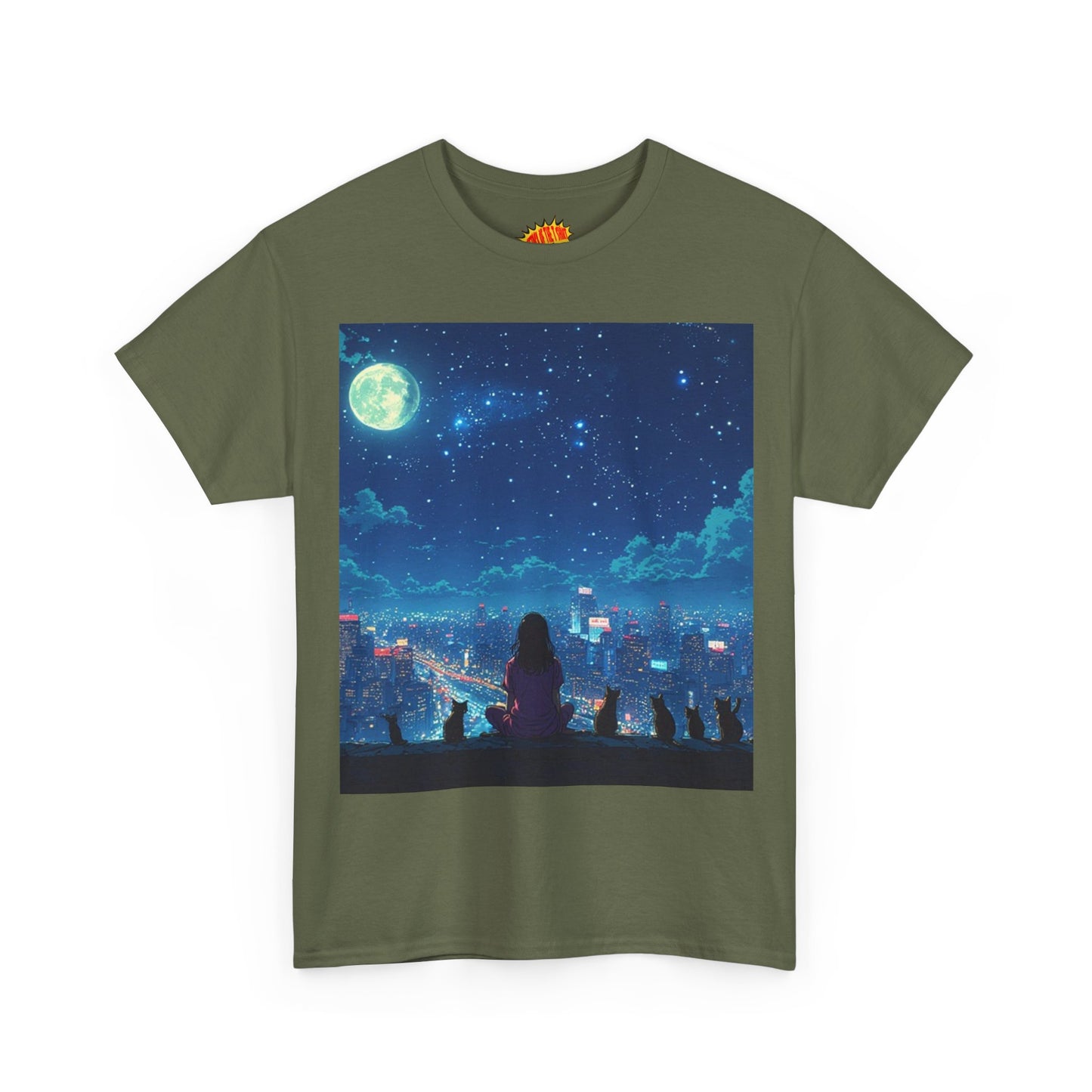 Anime Full Moon City Scene w/Girl & Cats T-Shirt *Multiple Colors*