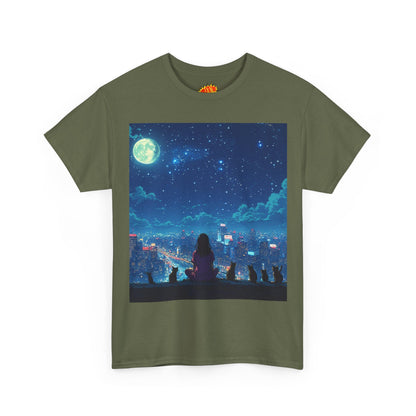 Anime Full Moon City Scene w/Girl & Cats T-Shirt