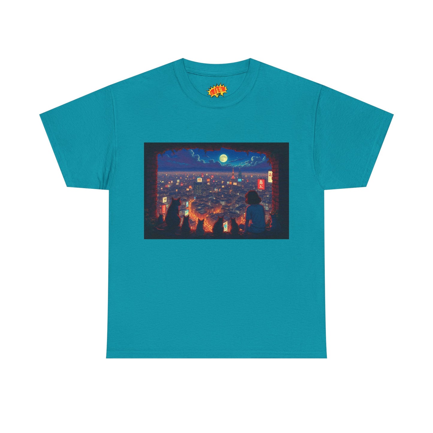 Cityscape Anime Nighttime Scene w/Girl & Cats T-Shirt *Multiple Colors*