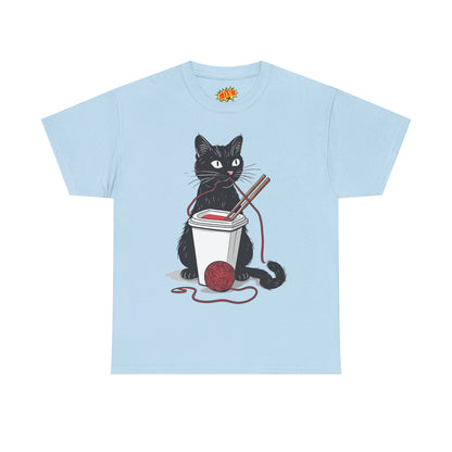 Black Cat w/Noodles + Yarn Ball Art Drawing Tee Shirt