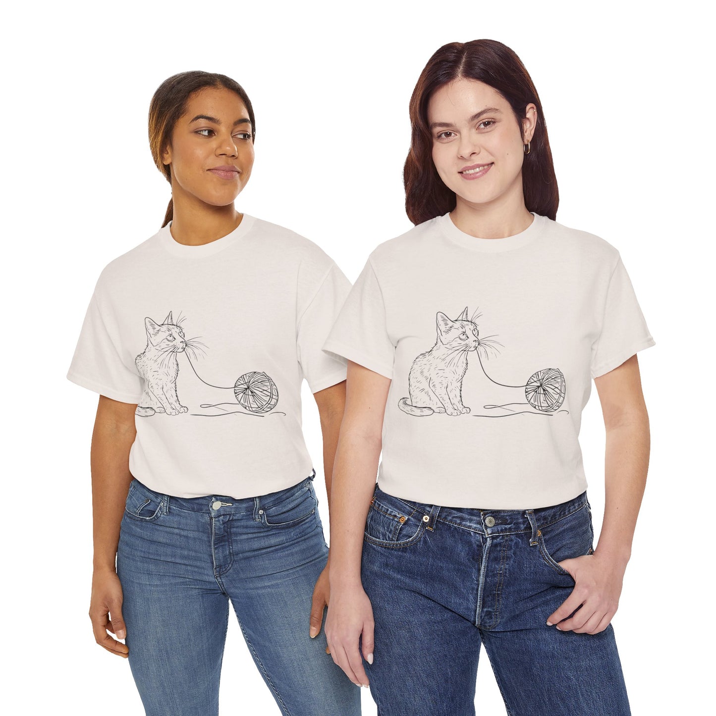 Cat w/Yarn Line Drawing Art Tee Shirt *Multiple Colors*
