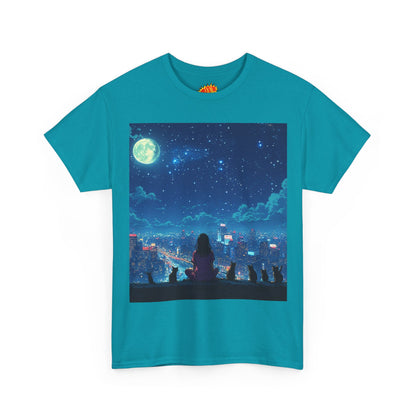 Anime Full Moon City Scene w/Girl & Cats T-Shirt