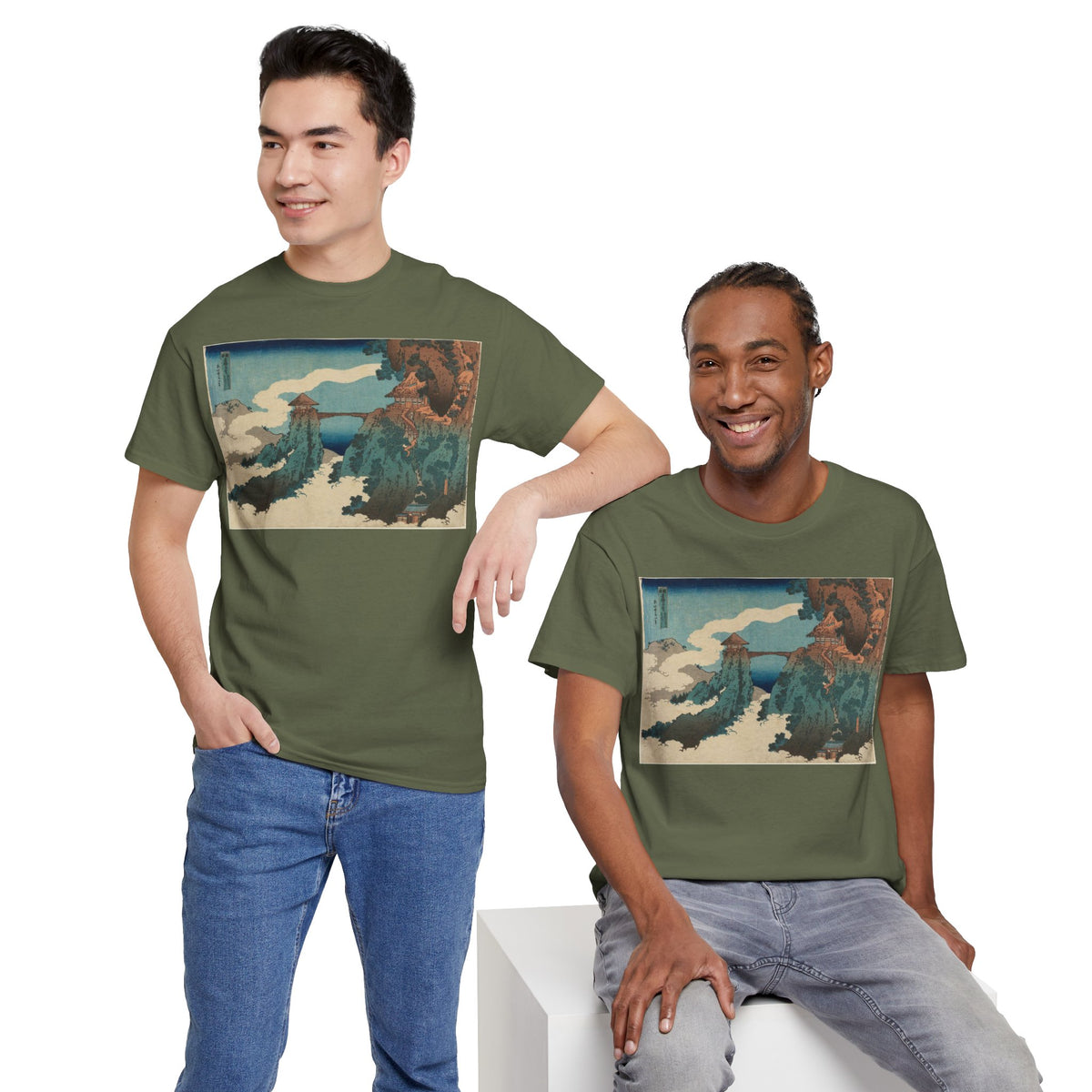 The Hanging-cloud Bridge by Katushika Hokusai - Heavy Cotton Tee *Dark Colors*