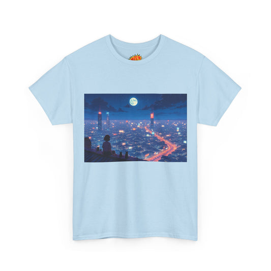 Anime Neon City Full Moon Scene w/Girl & Cats T-Shirt *Multiple Colors*