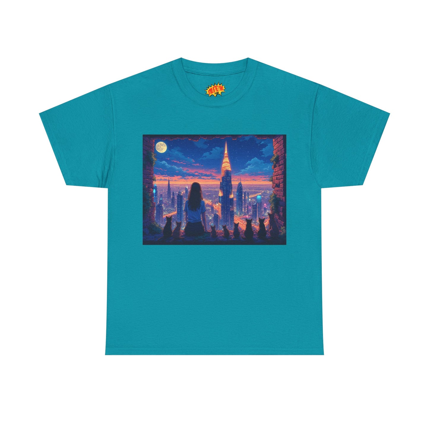 Anime Neon City Full Moon Scene w/Girl & Cats T-Shirt *Multiple Colors*