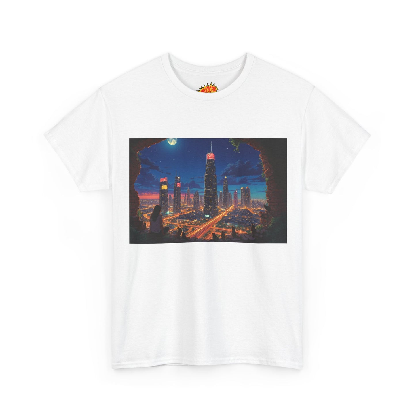 Anime Cityscape Night Scene w/Girl & Cats T-Shirt *Multiple Colors*