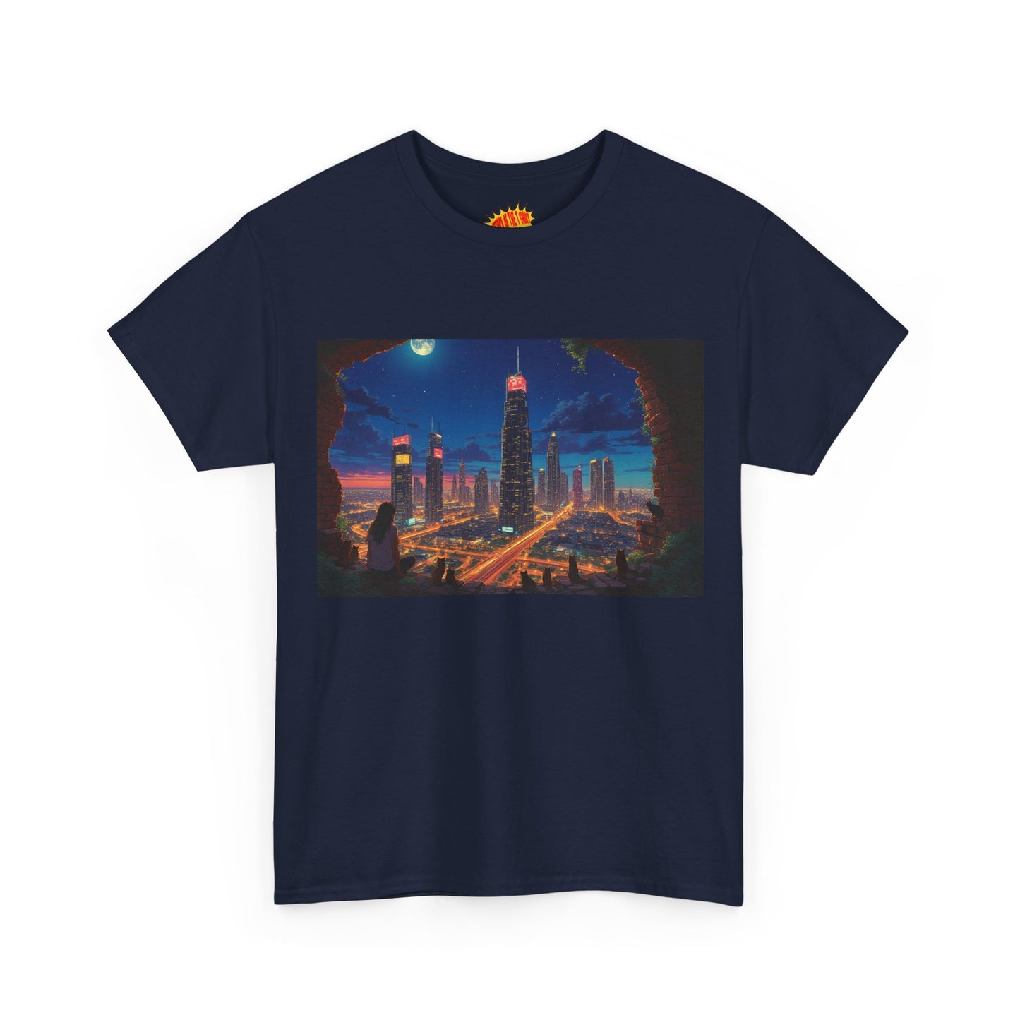 Anime Cityscape Night Scene w/Girl & Cats T-Shirt *Multiple Colors*