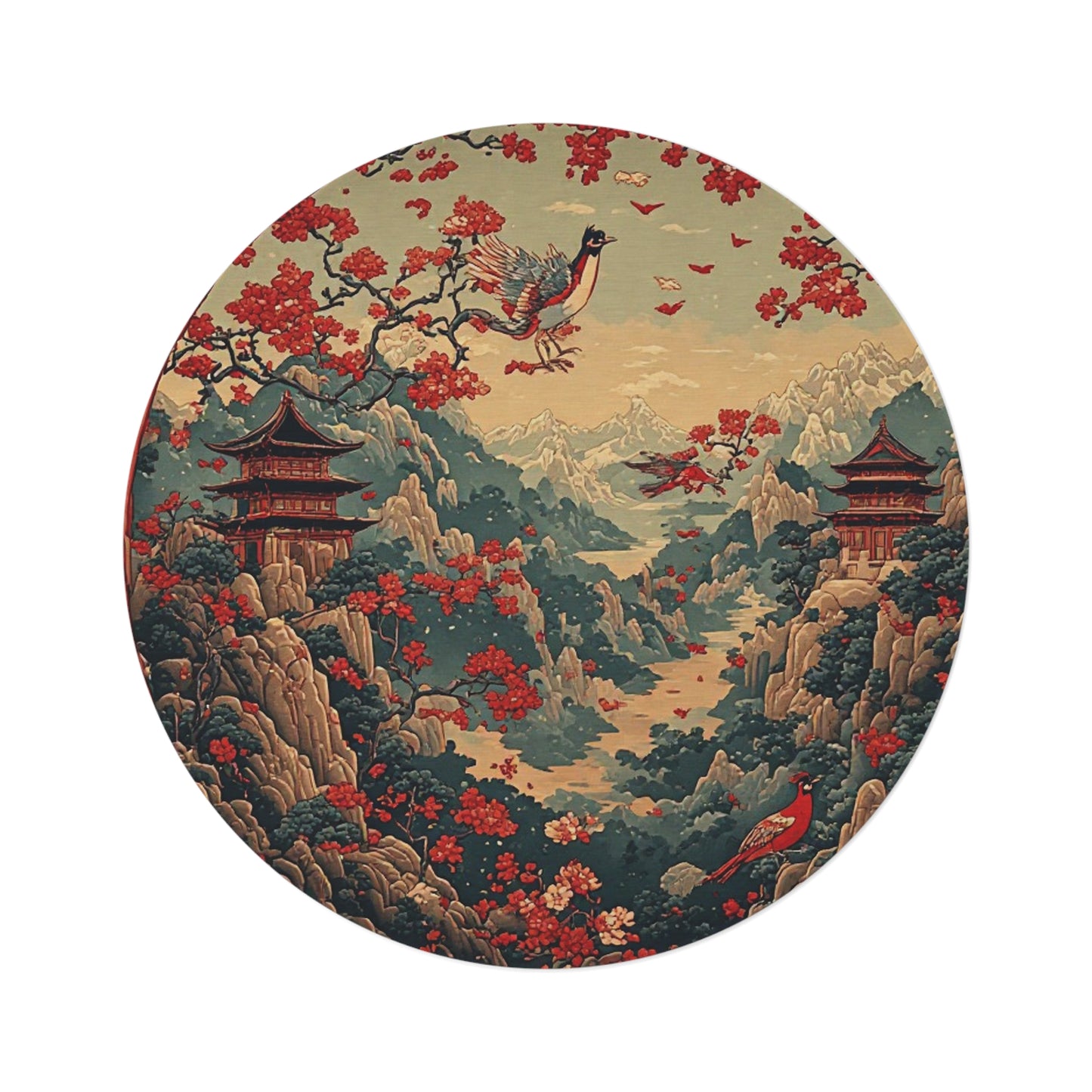 Oriental Style Rug w/Birds + Flowers - 60in Diameter Round Carpet 11