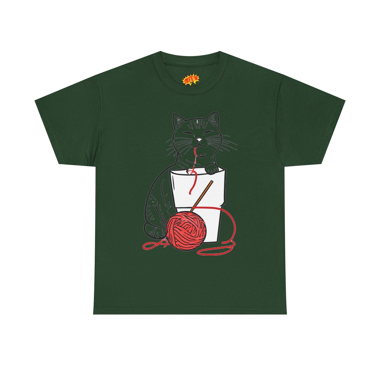 Cat w/Noodle Cup + Yarn Ball Art Drawing Tee Shirt *Multiple Colors*