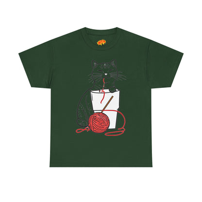 Cat w/Noodle Cup + Yarn Ball Art Drawing Tee Shirt