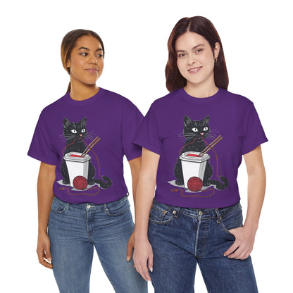 Black Cat w/Noodles + Yarn Ball Art Drawing Tee Shirt