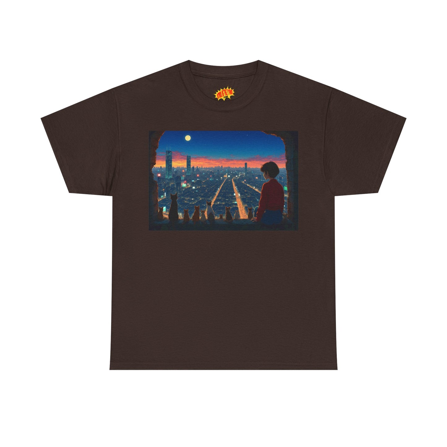 Neon Cityscape Anime Scene w/Girl & Cats T-Shirt *Multiple Colors*
