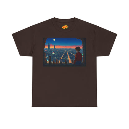 Neon Cityscape Anime Scene w/Girl & Cats T-Shirt