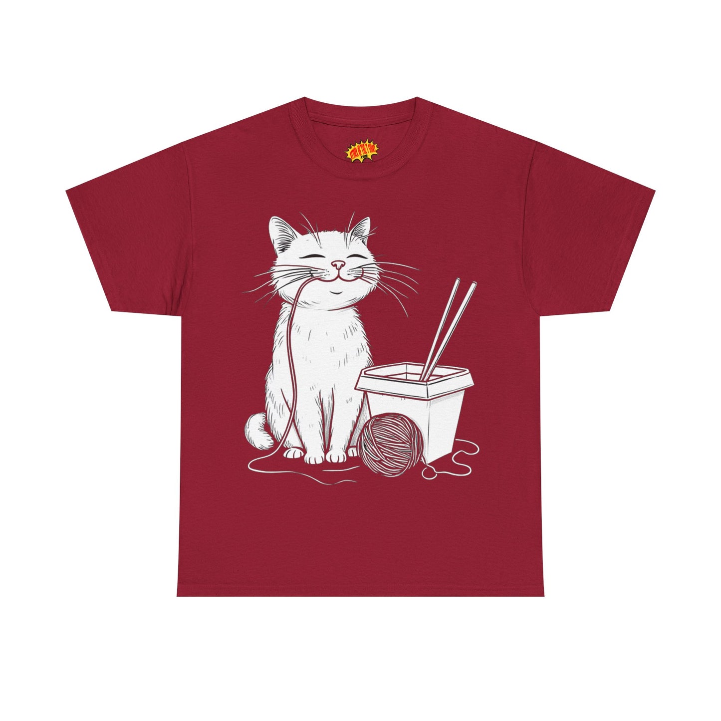 Happy Cat w/Noodles + Yarn Ball Art Drawing Tee Shirt *Multiple Colors*