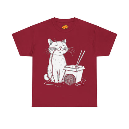 Happy Cat w/Noodles + Yarn Ball Art Drawing Tee Shirt