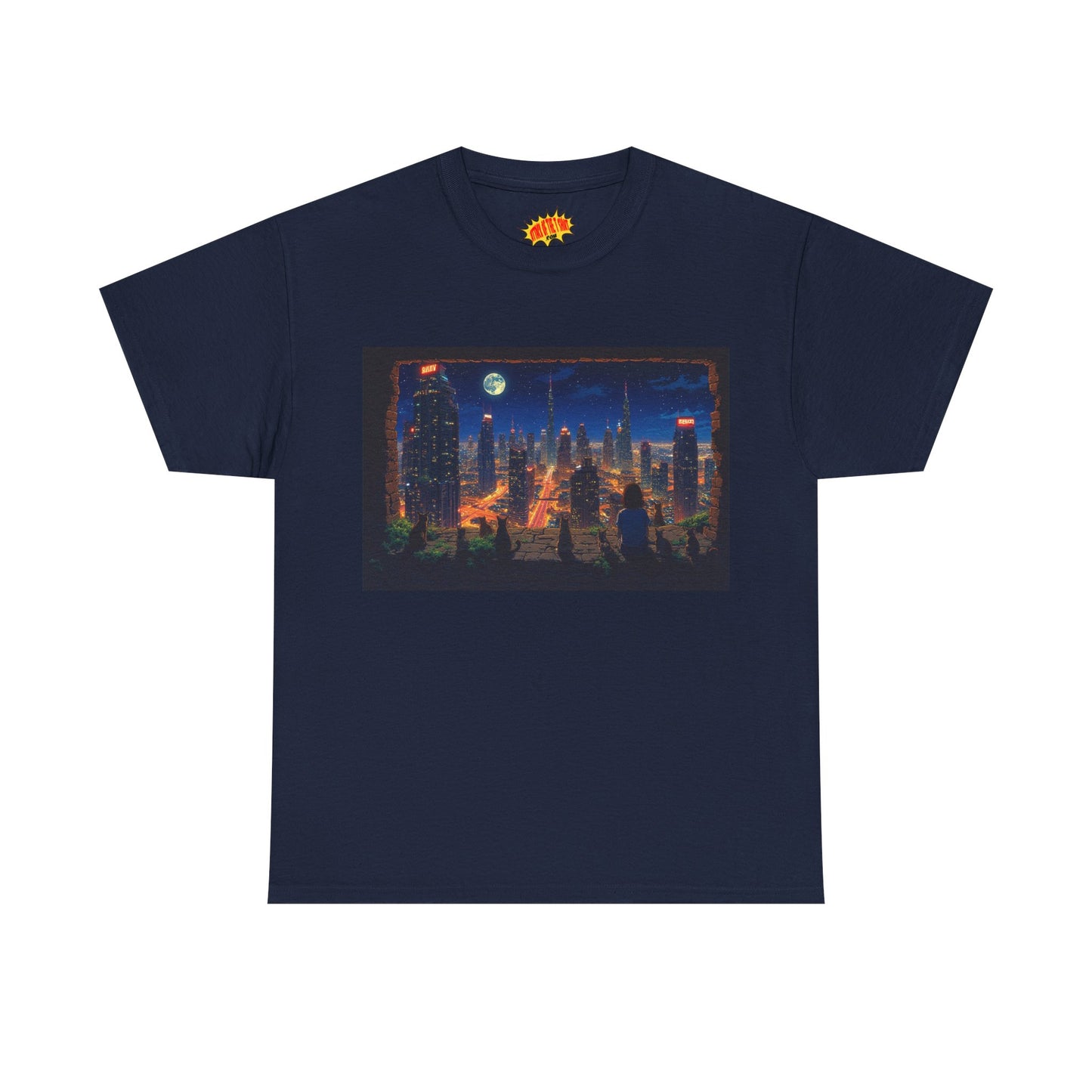 Neon Anime Cityscape Full Moon w/Girl & Cats T-Shirt *Multiple Colors*