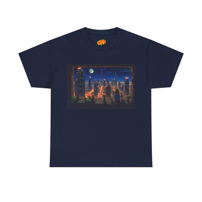 Neon Anime Cityscape Full Moon w/Girl & Cats T-Shirt