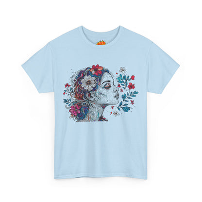 Multicolor Line Drawing Human Graphic Flower Art Tee Shirt
