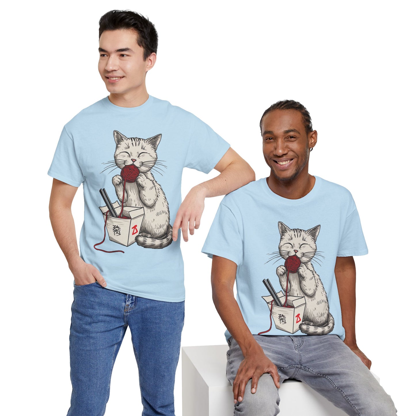 Cat w/Takeout Yarn Noodles Art Tee Shirt *Multiple Colors*
