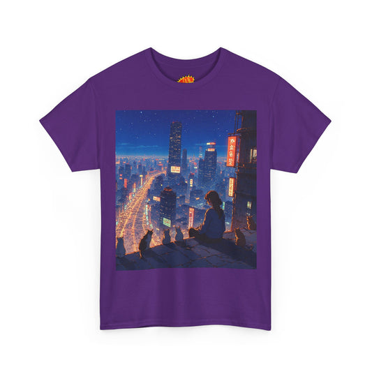 Neon Anime City Night Scene w/Girl & Cats T-Shirt *Multiple Colors*