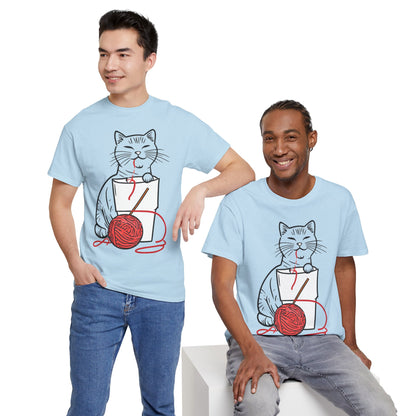 Cat w/Noodle Cup + Yarn Ball Art Drawing Tee Shirt