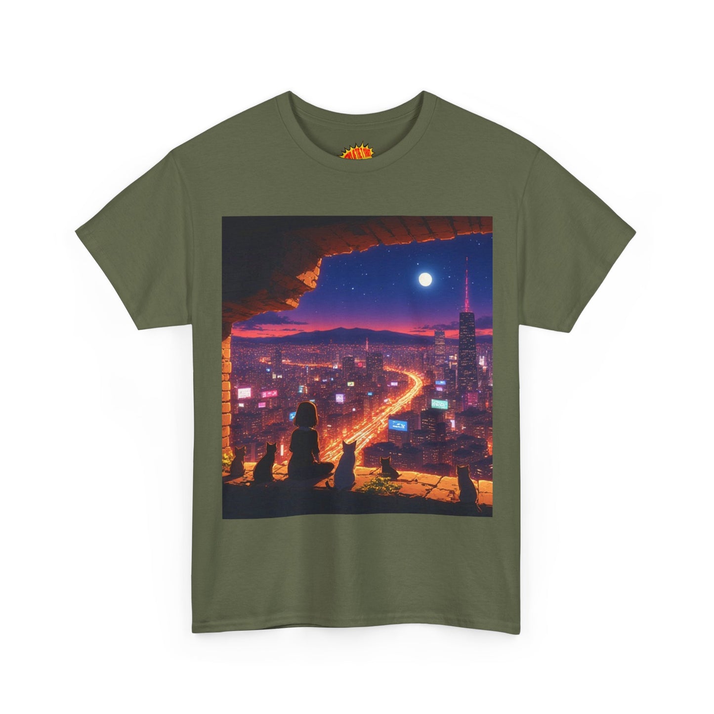 Anime Neon Cityscape Full Moon Scene w/Girl & Cats T-Shirt *Multiple Colors*